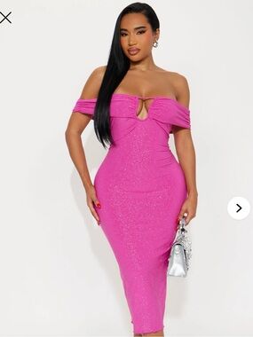 Fashion Nova One-Shoulder Hot Pink Sparkle Midi Dress
